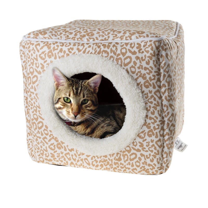 PETMAKER Cat Pet Bed Cave- Indoor Enclosed Covered Cavern/House for Cats Kittens and Small Pets with Removable Cushion Pad by PETMAKER, Tan/White Animal Print 13x12x12 - Image 1
