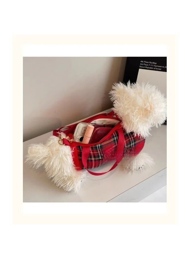 Plush Puppy Doll Crossbody Bag, White with Red Plaid Vest - Image 3