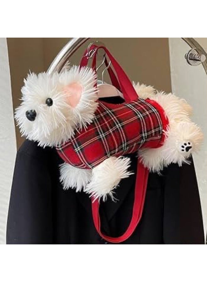 Plush Puppy Doll Crossbody Bag, White with Red Plaid Vest - Image 1