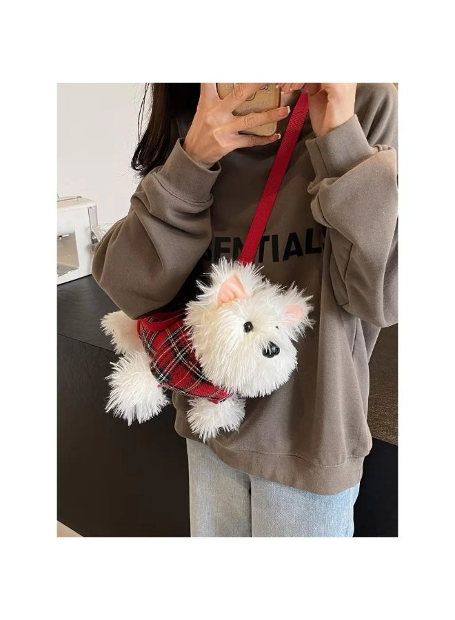 Plush Puppy Doll Crossbody Bag, White with Red Plaid Vest - Image 2