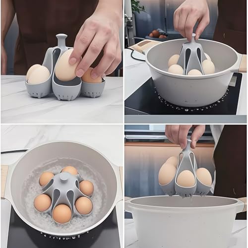 ZXiaJUMCR Silicone Egg Boiler Rack, Freestanding Egg Boiler,egg boiler holder,Silicone Boiled Egg Cooker,Storage and Egg Rack for Making Soft or Hard Boiled Eggs,Holds 6 Eggs, for Cooking Kitchen Gadget, Gray - Image 5