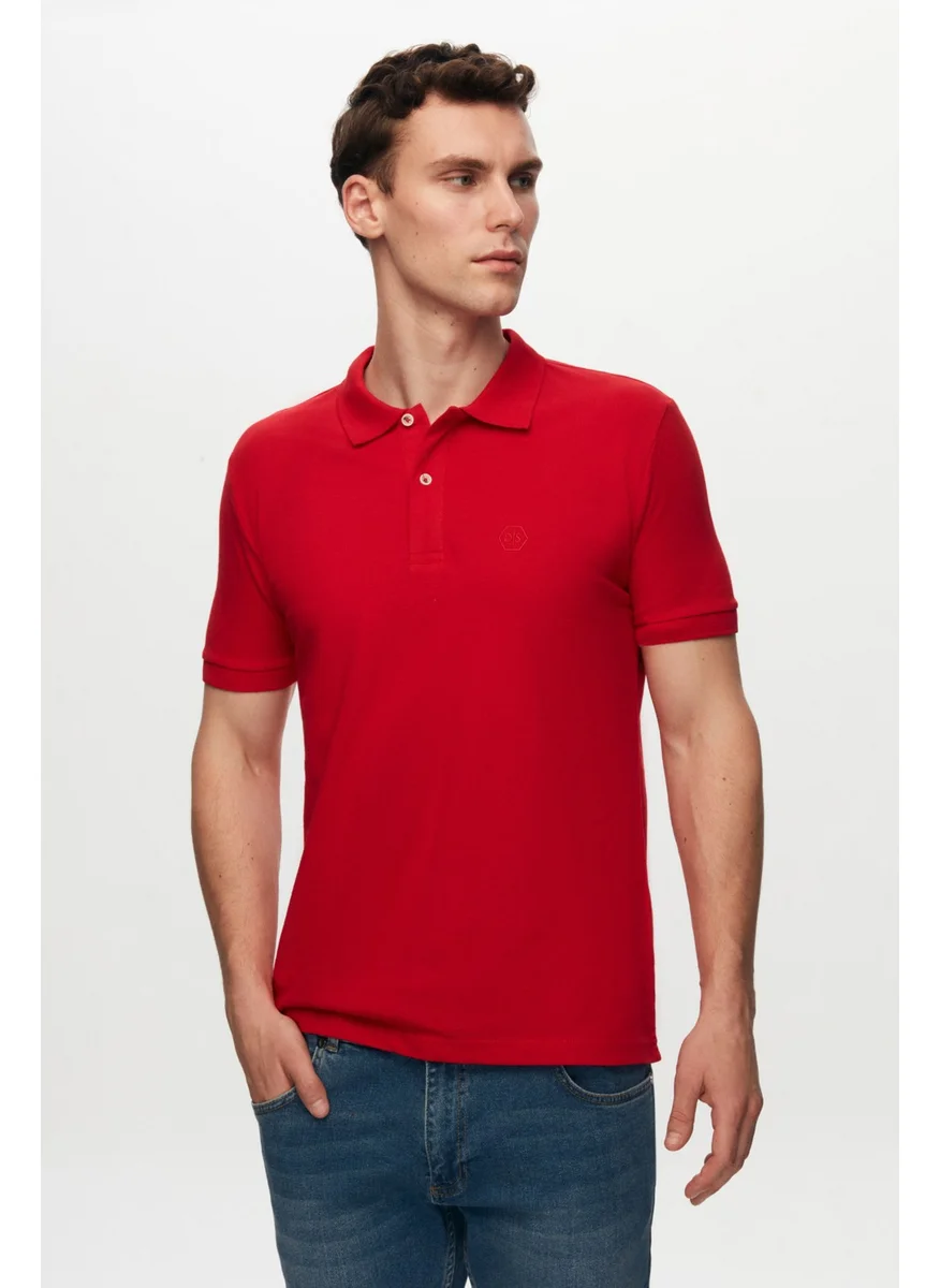 D'S DAMAT Regular Fit Red Pique Textured 100% Cotton Non-Curl Polo Collar Embroidered T-Shirt 4HC14ORT51000