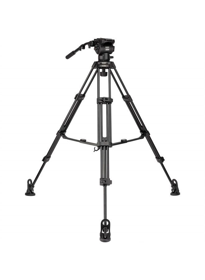 Magnus REX VT-5000 2-Stage Aluminum Video Tripod with Fluid Head, 75mm Half Ball, Extends to 64.25”, Max Load 17 lbs. Dual-spiked feet, mid-level spreader. Plus QR Plate, Pan Bar, and Case - Image 1