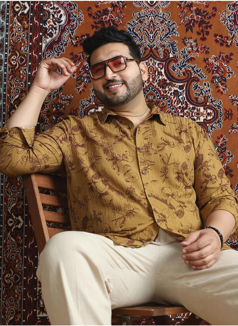 انستافاب بلس Instafab Plus Men's Wood Brown Leafline-Tactile Shirt For Casual Wear | Spread Collar | Long Cuffed Sleeves | Button Closure | Plus Size Shirt Crafted With Comfort Fit For Everyday Wear