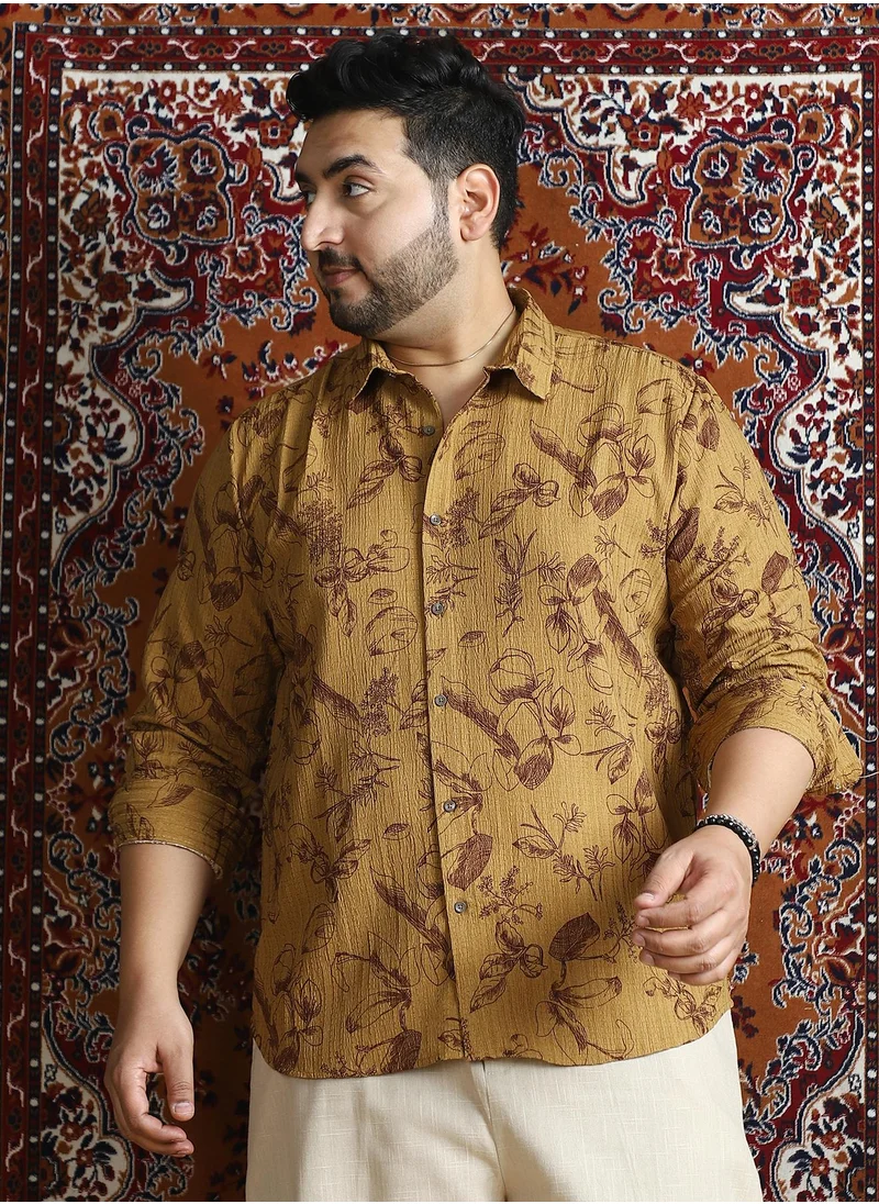 انستافاب بلس Instafab Plus Men's Wood Brown Leafline-Tactile Shirt For Casual Wear | Spread Collar | Long Cuffed Sleeves | Button Closure | Plus Size Shirt Crafted With Comfort Fit For Everyday Wear