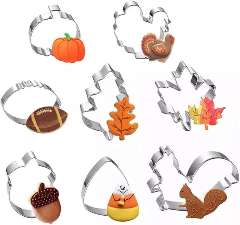 Maykito Fall Thanksgiving Cookie Cutters Set - 8 Pieces - Pumpkin, Football,Turkey, Maple Leaf, Oak Leaf,Squirrel,Candy Corn and Acorn- Stainless Steel - Image 1