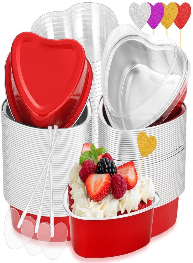 selizo 80 Packs Heart Shaped Cake Pans Valentine Aluminum Mini Cake Pans 3.4 Ounces with Lids Disposable Small Heart Cupcake Cup Pan Baking Pans for Valentine Mother's Day Wedding Birthday - Image 1