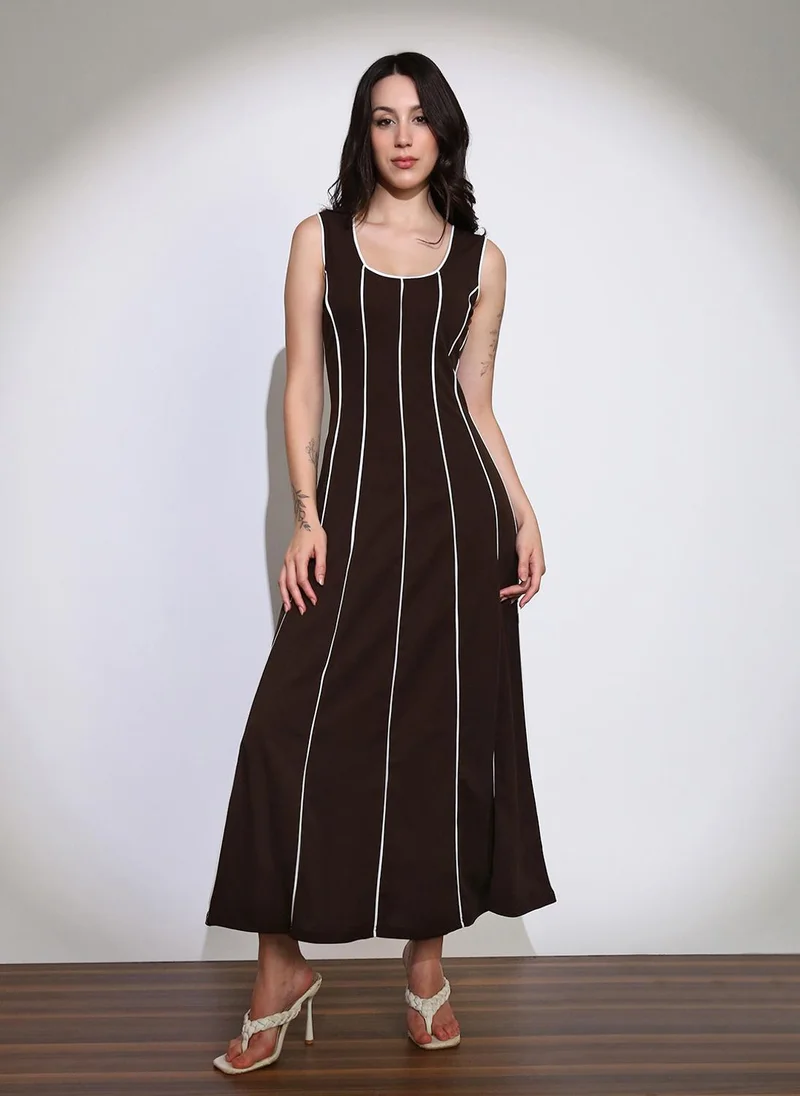 globus Globus Women Brown Scoop Neck Stripes Design Flared Hem A-Line Maxi Dress