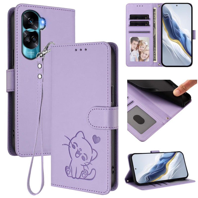 إيروريكس جراب هاتف من الجلد المنقوش على شكل قطة لهاتف Honor 90 Lite / Honor X50i مع حزام يد (أرجواني فاتح) - Image 1