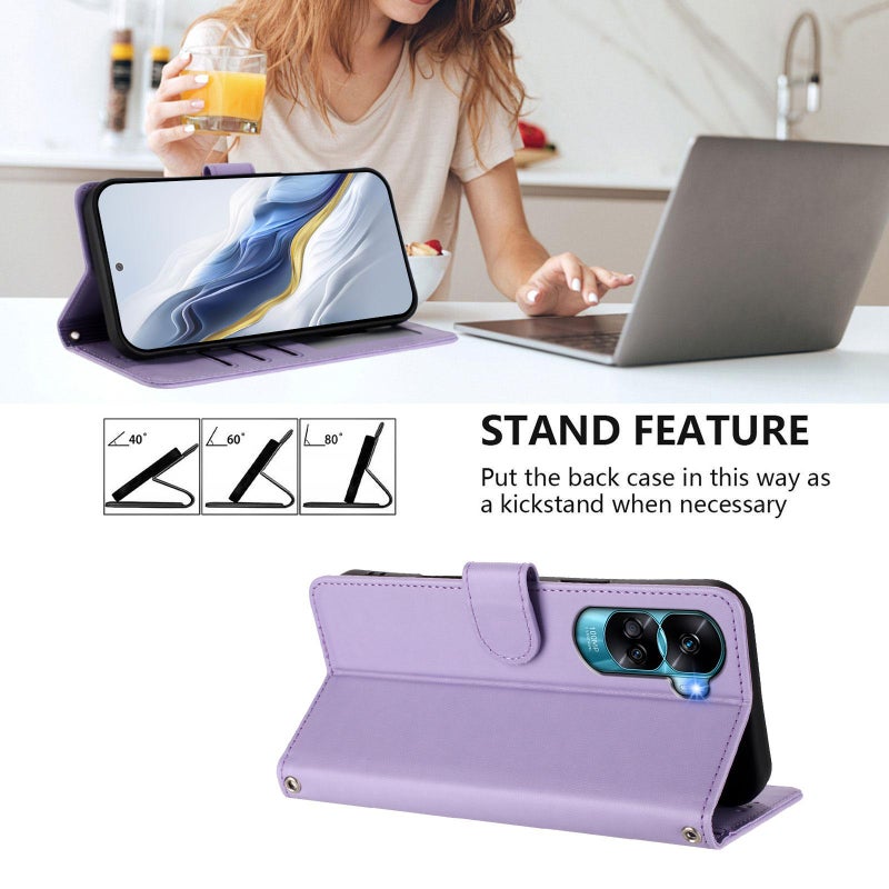 إيروريكس جراب هاتف من الجلد المنقوش على شكل قطة لهاتف Honor 90 Lite / Honor X50i مع حزام يد (أرجواني فاتح) - Image 3