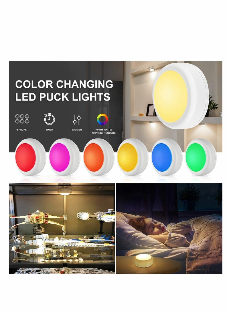 KASTWAVE - LED Puck Lights with Remote Control, Wireless Under Cabinet Lighting, Battery Powered Lights, Stick on Color Changing Dimmer and Timer, AA Operated Closet Light, 6 Pack - Image 1