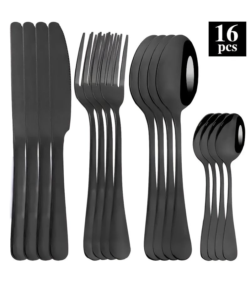 Black 8pcs Stainless Steel Cutlery Set With Knives Forks Spoons And Coffee Spoons Mirror Polish Durable Dishwasher Safe For Home Restaurant Hotel Wedding - Image 2