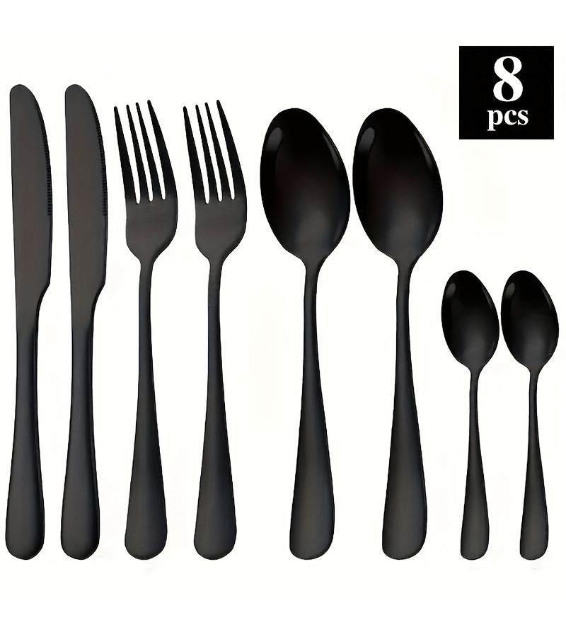 Black 8pcs Stainless Steel Cutlery Set With Knives Forks Spoons And Coffee Spoons Mirror Polish Durable Dishwasher Safe For Home Restaurant Hotel Wedding - Image 1