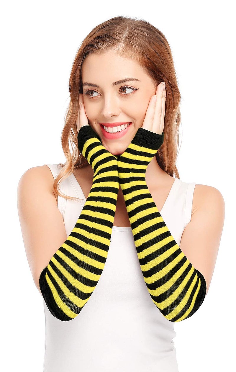 Bienvenu Punk Gothic Rock Long Arm Warmer Fingerless Gloves,Yellow Black - Image 3