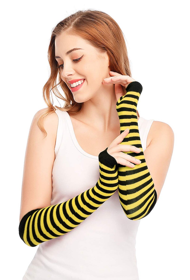 Bienvenu Punk Gothic Rock Long Arm Warmer Fingerless Gloves,Yellow Black - Image 2
