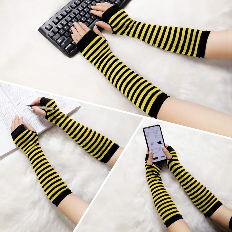 Bienvenu Punk Gothic Rock Long Arm Warmer Fingerless Gloves,Yellow Black - Image 5