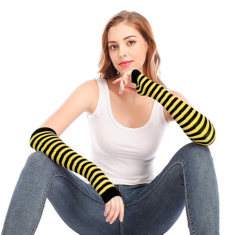 Bienvenu Punk Gothic Rock Long Arm Warmer Fingerless Gloves,Yellow Black - Image 4