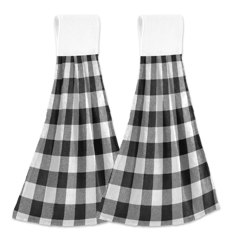 XIGUA xigua Black and White Buffalo Plaid Hanging Kitchen Hand Towels Set of 2  Absorbent Soft Dish Towel with Loop Coral Fleece Dish Cloth Tie Towels for Bathroom Kitchen Home Decor - Image 1