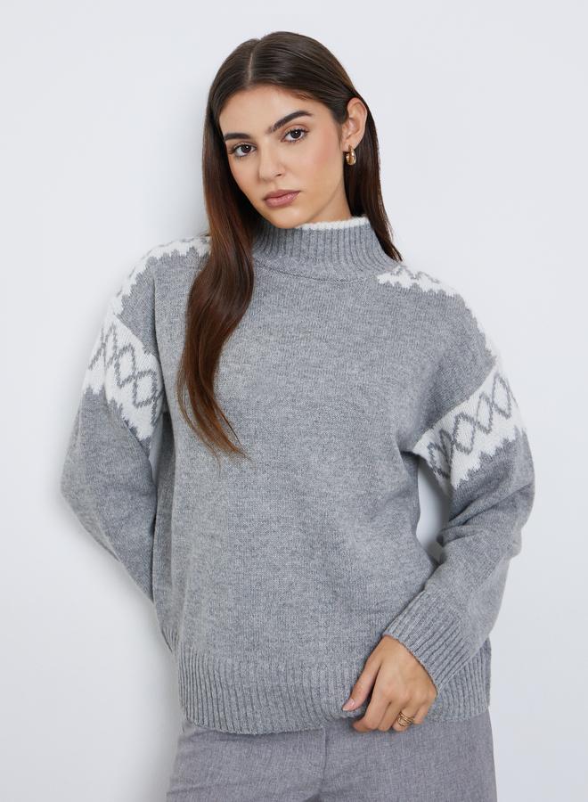 Styli Grey Regular Fit Fair Isle Knit Sweater - Image 3