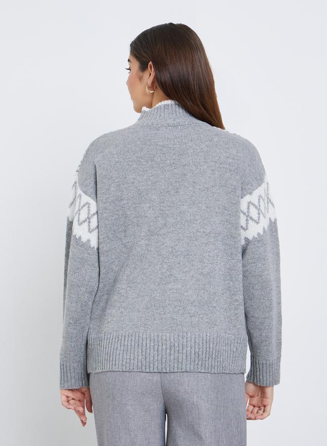 Styli Grey Regular Fit Fair Isle Knit Sweater - Image 5