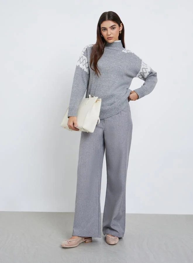 Styli  Styli Grey Regular Fit Fair Isle Knit Sweater for Women | Best Price UAE