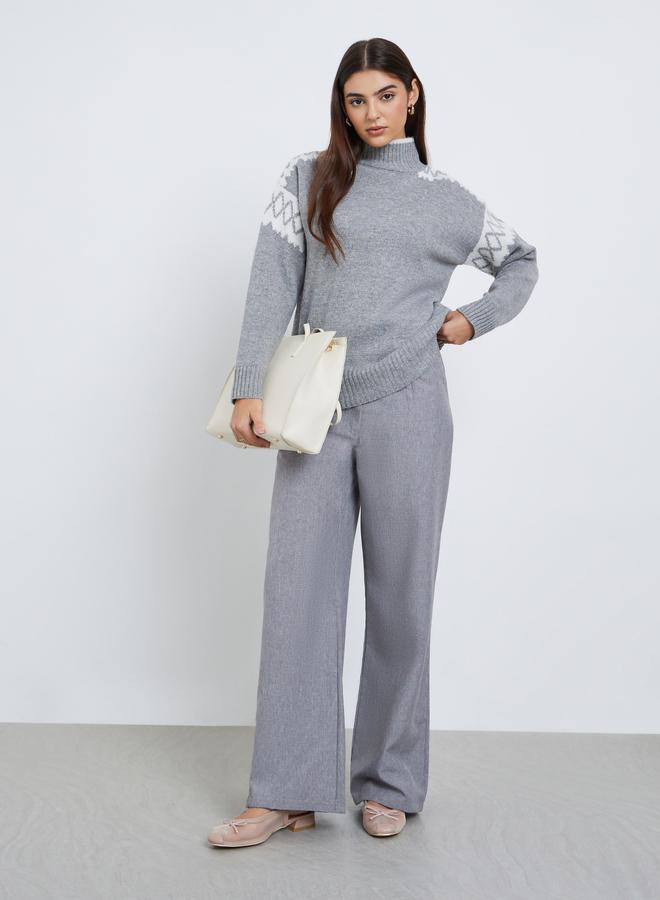 Styli Grey Regular Fit Fair Isle Knit Sweater - Image 2