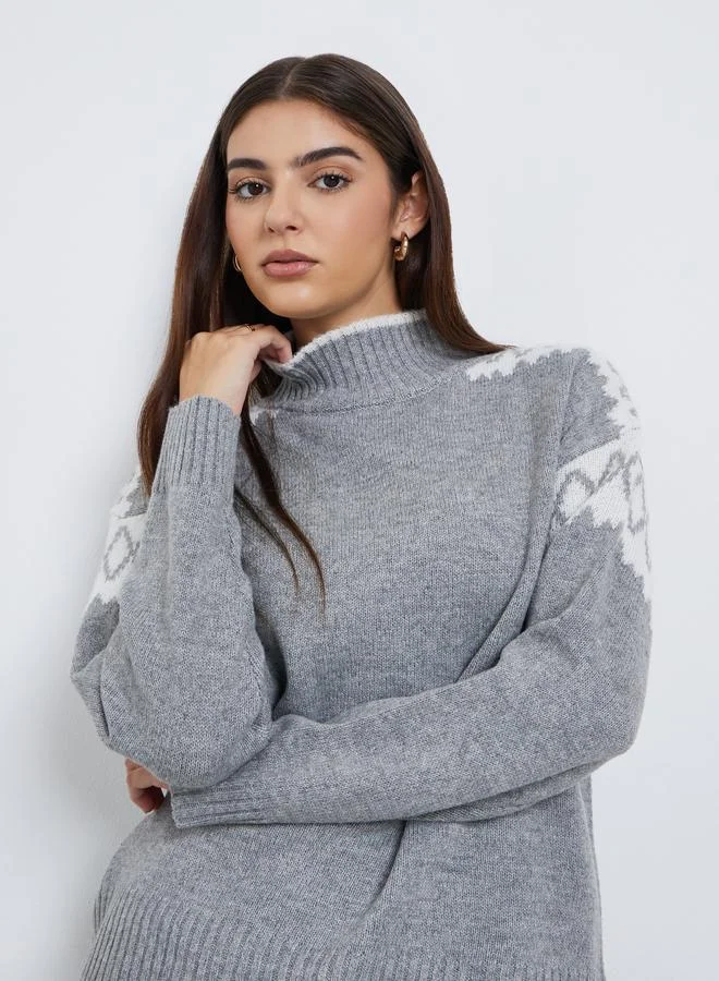 Styli Grey Regular Fit Fair Isle Knit Sweater