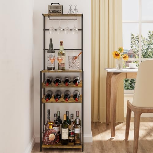 DAOUTIME 5-Tier Wine Rack Freestanding Floor, Liquor Bar Stand with Glasses Holder and 4 S Hooks, Corner Mini Bar Cabinet for Small Space, 8 Bottles Wine Bar Cabinet for Home, 11.81"D x 16.53"W x 53.55"H - Image 3