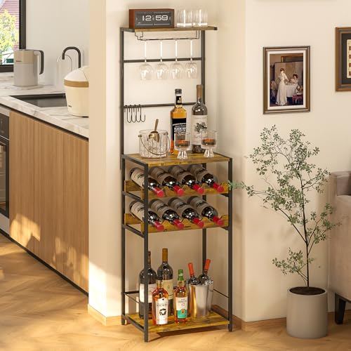 DAOUTIME 5-Tier Wine Rack Freestanding Floor, Liquor Bar Stand with Glasses Holder and 4 S Hooks, Corner Mini Bar Cabinet for Small Space, 8 Bottles Wine Bar Cabinet for Home, 11.81"D x 16.53"W x 53.55"H - Image 1