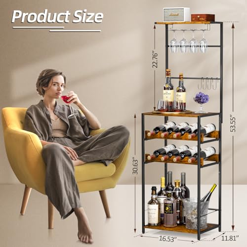 DAOUTIME 5-Tier Wine Rack Freestanding Floor, Liquor Bar Stand with Glasses Holder and 4 S Hooks, Corner Mini Bar Cabinet for Small Space, 8 Bottles Wine Bar Cabinet for Home, 11.81"D x 16.53"W x 53.55"H - Image 2
