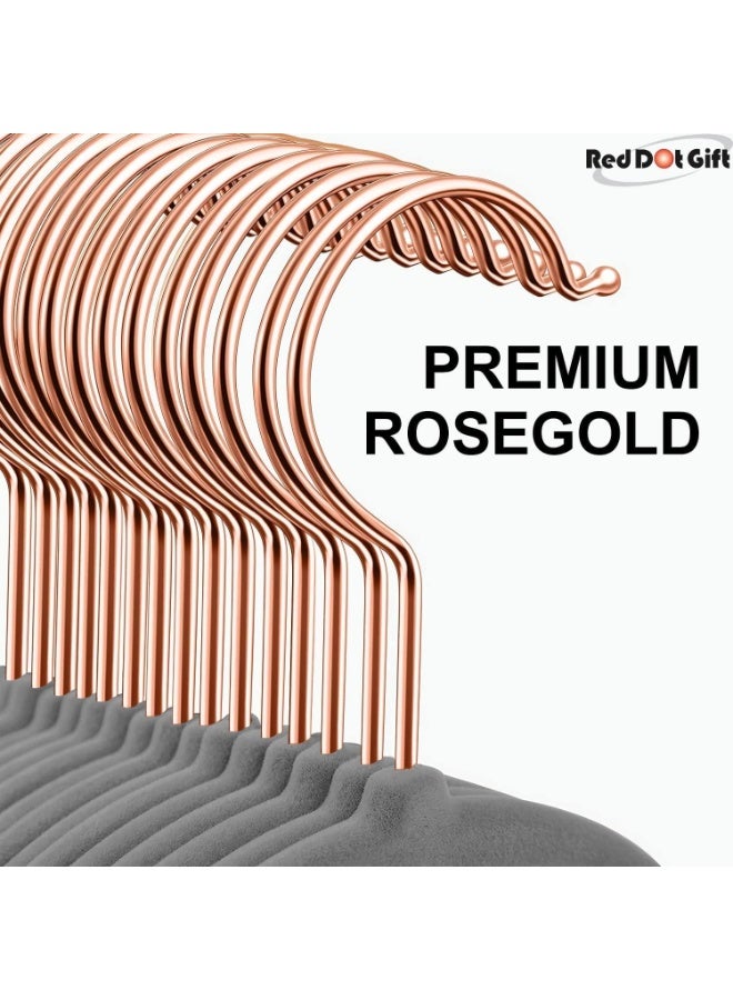 Red Dot Gift مجموعة هدايا Red Dot® 10 قطع شماعات مخملية رمادية 45 سم غير قابلة للانزلاق، شماعات توفير المساحة مع خطاف وردي ذهبي دوار 360°، شماعات متينة ونحيفة للمعاطف والسراويل والقمصان. - Image 4