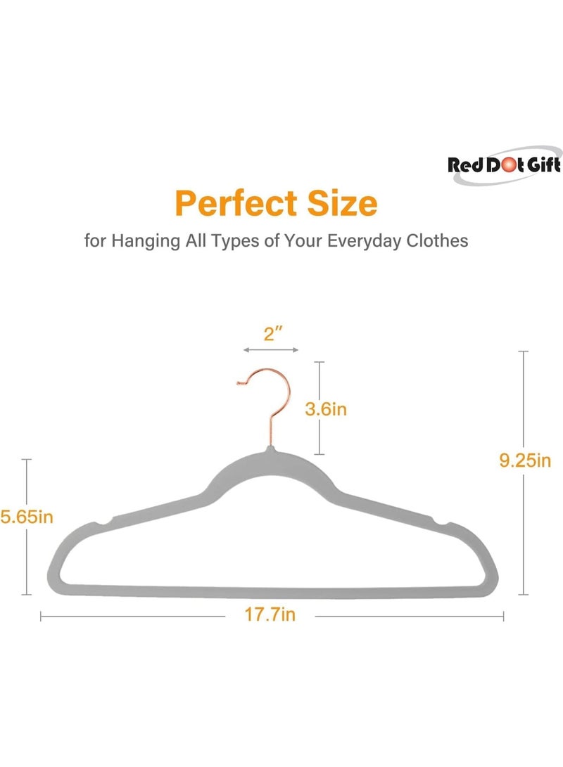 Red Dot Gift مجموعة هدايا Red Dot® 10 قطع شماعات مخملية رمادية 45 سم غير قابلة للانزلاق، شماعات توفير المساحة مع خطاف وردي ذهبي دوار 360°، شماعات متينة ونحيفة للمعاطف والسراويل والقمصان. - Image 2