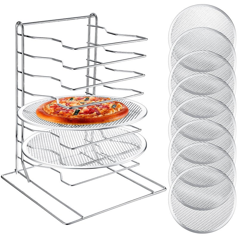 Zhehao رف بيتزا زهاو 8 طبقات 167 سم ارتفاع × 12 سم طول × 12 سم عرض و 8 قطع صواني مع ثقوب مجموعة خبز من الألمنيوم للتخزين السهل وخبز عدة بيتزا