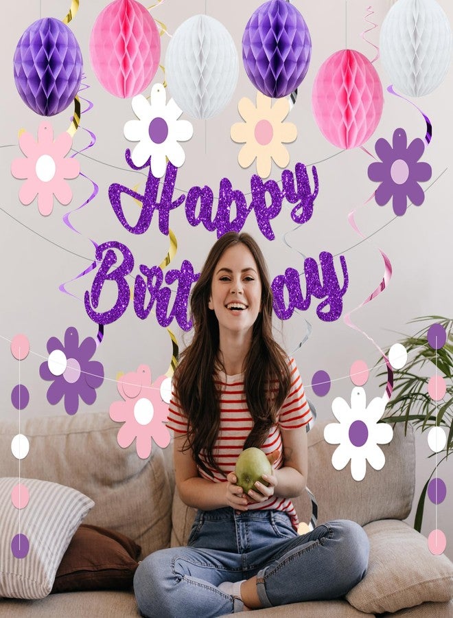 Roetyce Flower Birthday Decorations, Purple Glitter Happy Birthday Banner Honeycomb Balls Hanging Swirls for Women, Girls Floral Themed BDay Party Supplies Photo Background Backdrop - Image 3