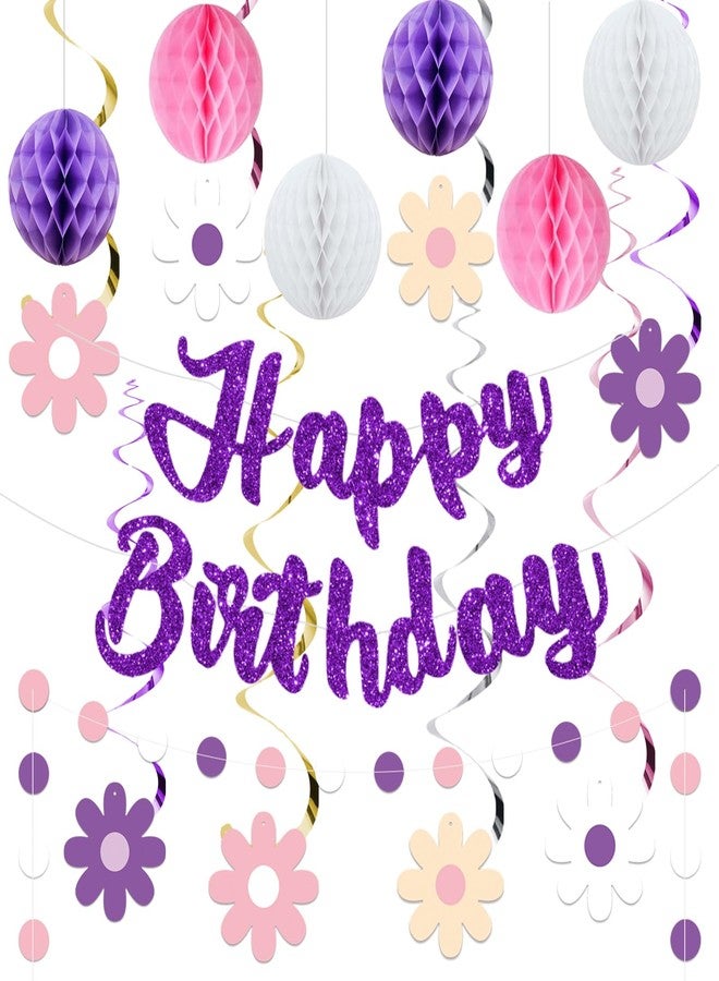 Roetyce Flower Birthday Decorations, Purple Glitter Happy Birthday Banner Honeycomb Balls Hanging Swirls for Women, Girls Floral Themed BDay Party Supplies Photo Background Backdrop - Image 1