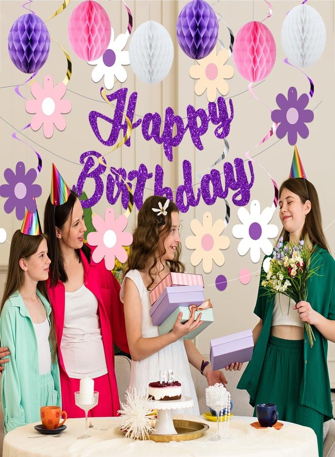 Roetyce Flower Birthday Decorations, Purple Glitter Happy Birthday Banner Honeycomb Balls Hanging Swirls for Women, Girls Floral Themed BDay Party Supplies Photo Background Backdrop - Image 5