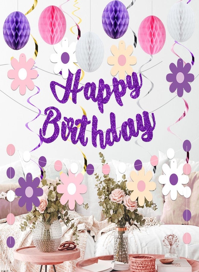 Roetyce Flower Birthday Decorations, Purple Glitter Happy Birthday Banner Honeycomb Balls Hanging Swirls for Women, Girls Floral Themed BDay Party Supplies Photo Background Backdrop - Image 4