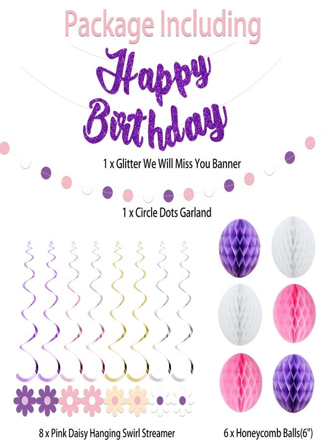 Roetyce Flower Birthday Decorations, Purple Glitter Happy Birthday Banner Honeycomb Balls Hanging Swirls for Women, Girls Floral Themed BDay Party Supplies Photo Background Backdrop - Image 2
