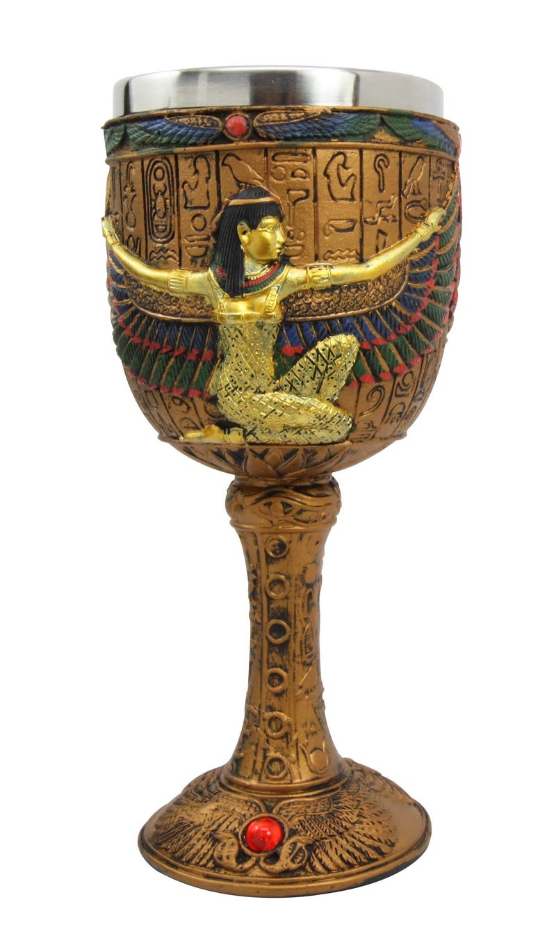 Ebros Gift Ancient Egyptian Winged Kneeling Goddess Maat Maat Resin Wine Goblet Chalice With Stainless Steel Liner