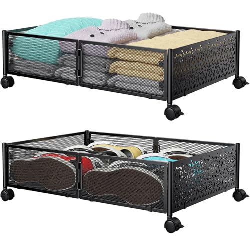 PHINOX Under Bed Storage Containers with Wheels, Under Bed Shoe Storage Organizer Drawer, Tool-free Assembly Metal Storage Containers for Bedroom Clothes Shoes Blankets -2PCK - Image 1