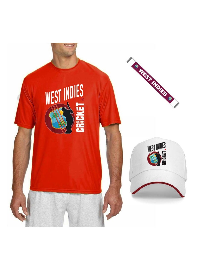West Indies Unisex Sports Jersey T-Shirt Set-West Indies Sports Fan Jersey T-Shirt For Adults-T-Shirt,Scarf,Cap-Gift Set For Sports Events,Matches