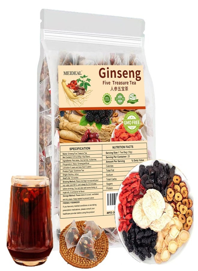 Meideal Ginseng Five Treasures Tea, Natural Kidney Tea for Women & Men, 6 Precious Ingredients Blend, Organic Ginseng Six Treasures KidneyTea, Chinese Herbal Teabags (25 Pcs 1 Bag) - Image 1