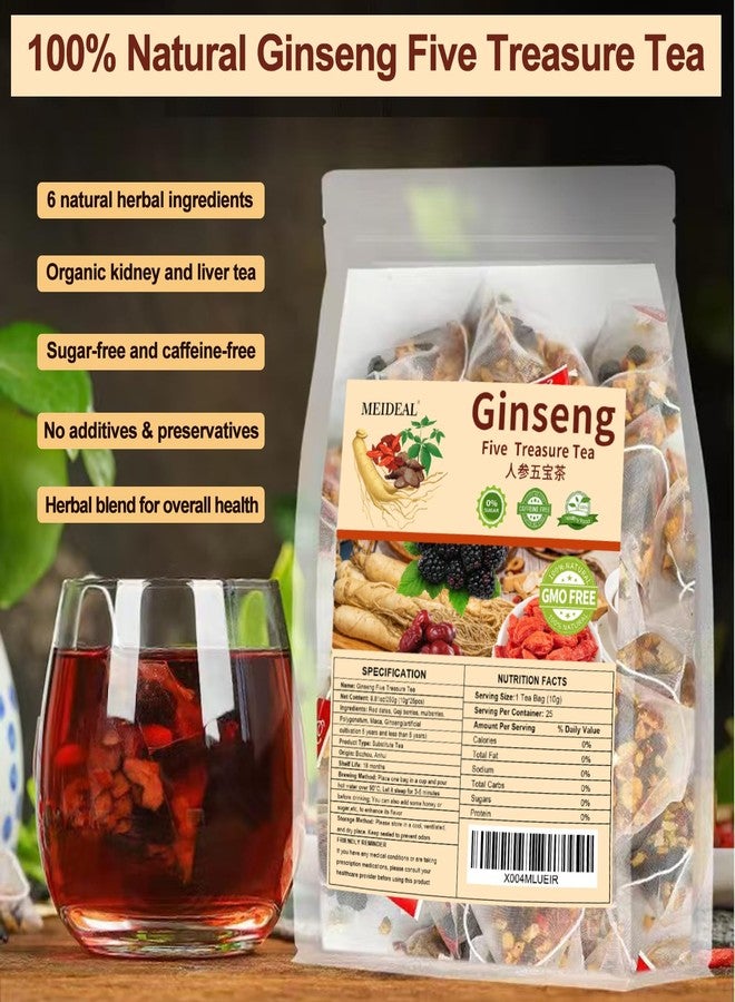 Meideal Ginseng Five Treasures Tea, Natural Kidney Tea for Women & Men, 6 Precious Ingredients Blend, Organic Ginseng Six Treasures KidneyTea, Chinese Herbal Teabags (25 Pcs 1 Bag) - Image 2