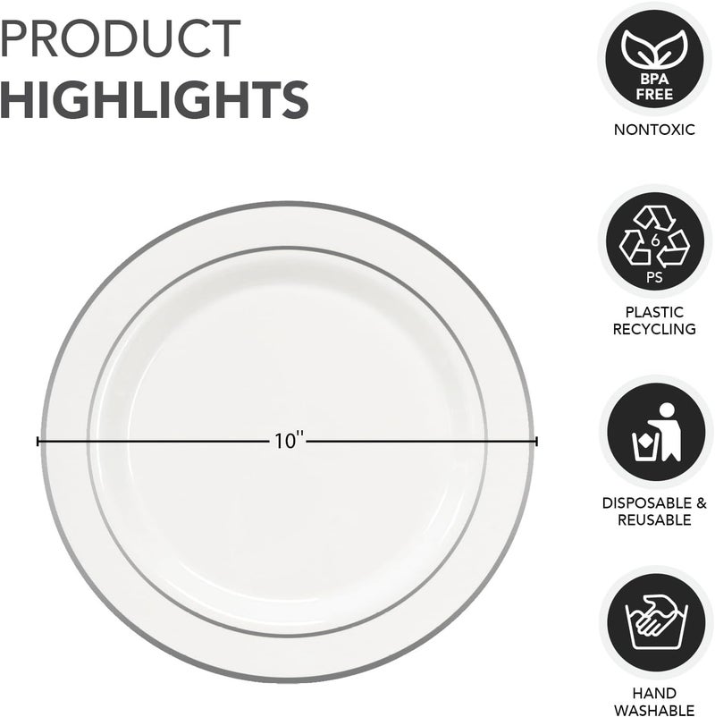 Party Essentials Divine Plastic Dinnerware Disposable Plates for Party Real China Look White Silver Rim 10 12Count - Image 2