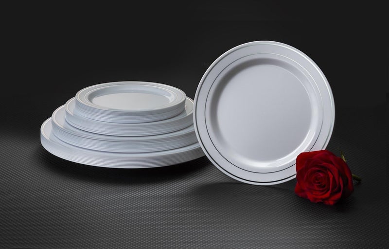 Party Essentials Divine Plastic Dinnerware Disposable Plates for Party Real China Look White Silver Rim 10 12Count - Image 4