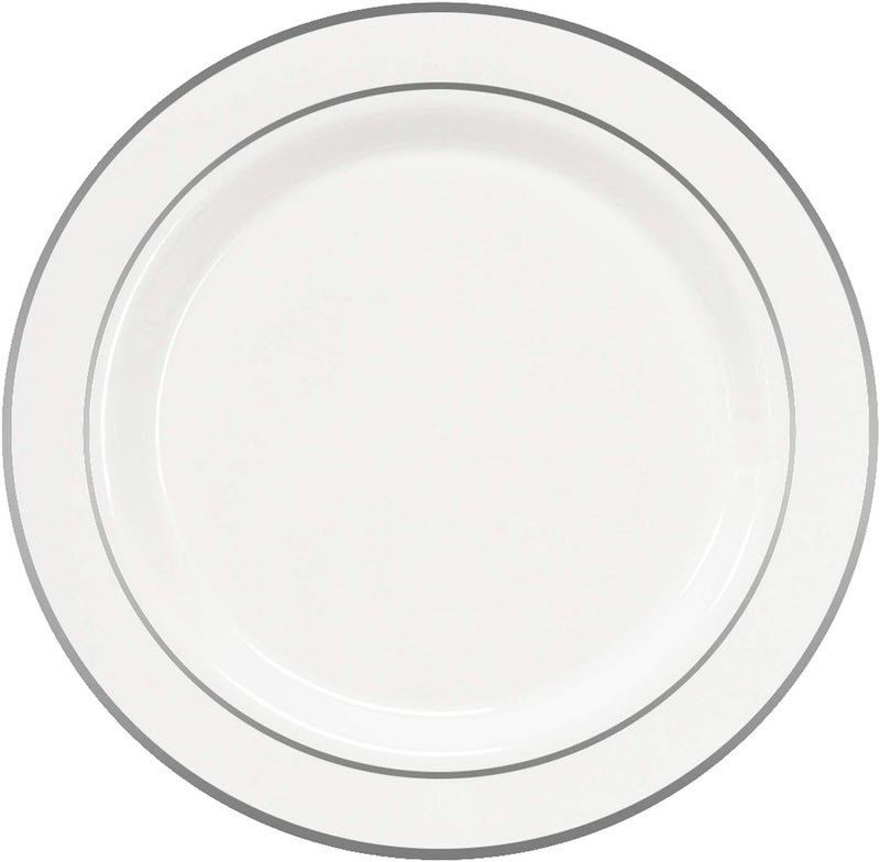 Party Essentials Divine Plastic Dinnerware Disposable Plates for Party Real China Look White Silver Rim 10 12Count - Image 1