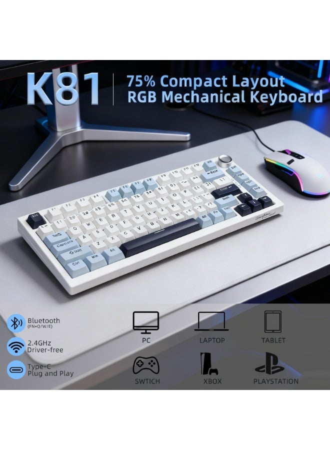 DstoPar Wireless Mechanical Keyboard，75% Hot Swappable Gaming Keyboard With multifunction knob，RGB Backlit，Gasket Structure，PBT Keycaps ，Bluetooth5.0/Type-C/2.4G，K81 mechanical keyboard (Bright White) - Image 2