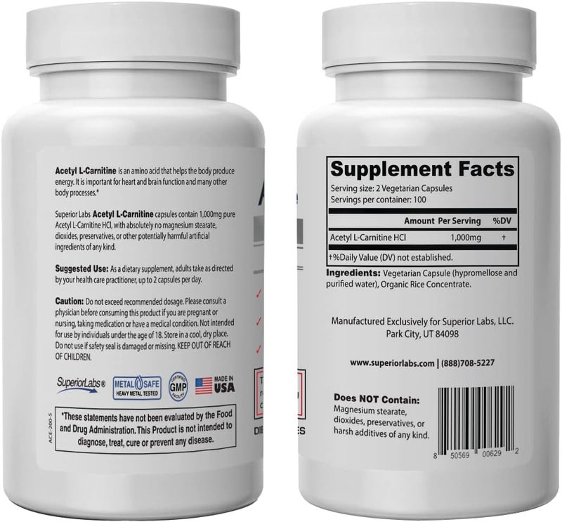 Superior Labs مكملات سوبرير لابز أسيتيل إل كارنيتين 1000 ملغ عالية الفعالية ALCAR نقية غير معدلة وراثيًا بدون إضافات صناعية امتصاص أقصى طاقة  استقلاب الدهون دعم الدماغ والأعصاب والخلية 200 كبسولة نباتية - Image 2