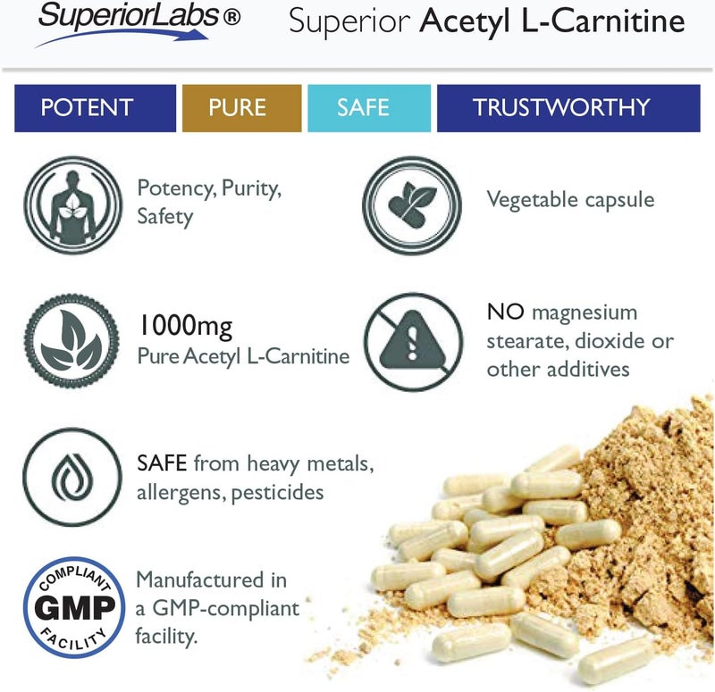 Superior Labs مكملات سوبرير لابز أسيتيل إل كارنيتين 1000 ملغ عالية الفعالية ALCAR نقية غير معدلة وراثيًا بدون إضافات صناعية امتصاص أقصى طاقة  استقلاب الدهون دعم الدماغ والأعصاب والخلية 200 كبسولة نباتية - Image 4