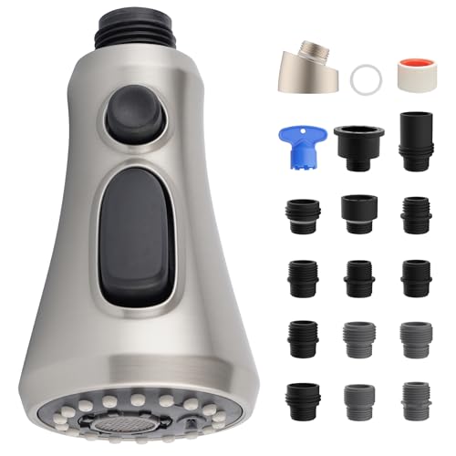 iFealClear Universal Pull Down Kitchen Faucet Head Replacement 3 Function AntiSplashing Faucet Head for Kitchen Sink Kitchen Faucet Head Replacement Female Thread with 15 Adapters Brushed Nickel